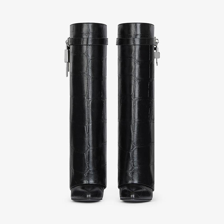 Luxe Black Crocodile-Embossed High Boots - Arno Conti Shoe