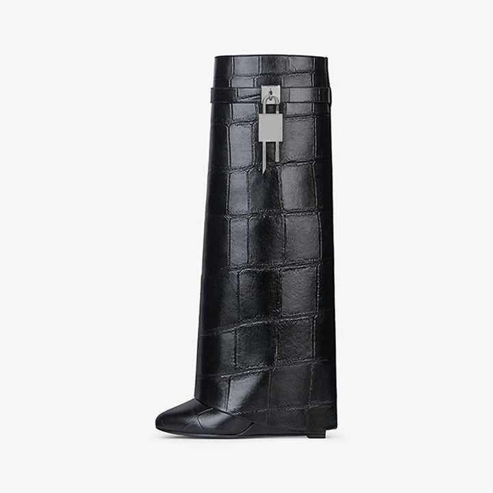 Luxe Black Crocodile-Embossed High Boots - Arno Conti Shoe