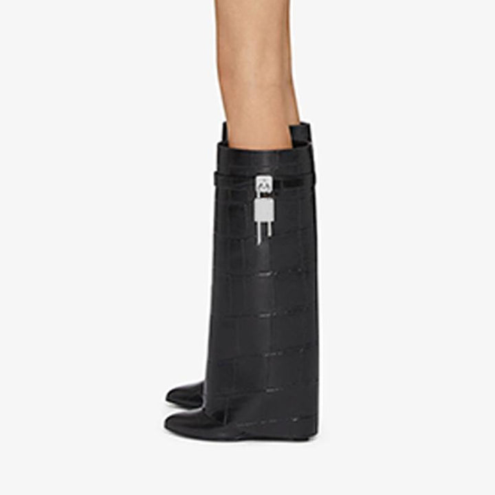 Luxe Black Crocodile-Embossed High Boots - Arno Conti Shoe